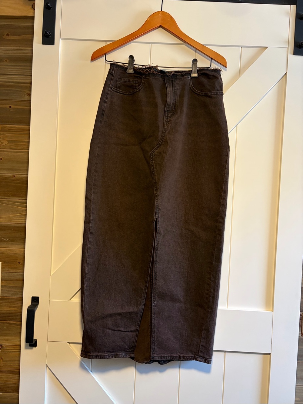High-Waist Brown Denim Midi Skirt